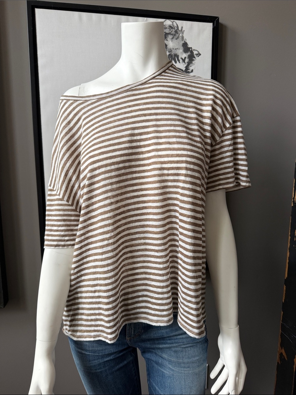 Little Moon Striped Off-Shoulder Short Sleeve Top in Taupe and White